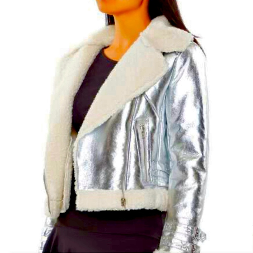 New Metallic Silver Crop Moto Long Sleeve Jacket Faux Fur Zip Closure